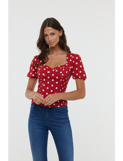 Top esprit corsage élastiqué côté avec manches courtes bouffantes et tissu pois en viscose