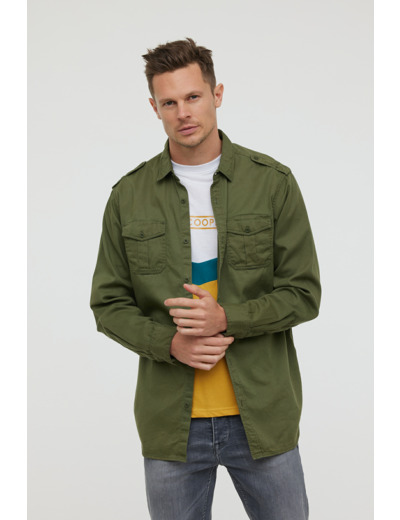 Chemise en twill de coton, manches longues, esprit «militaire» avec poches plaquées devant et pattes épaules