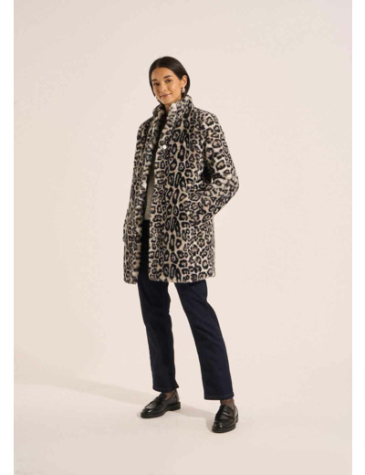 Manteau fausse fourrure léopard ajusté col droit