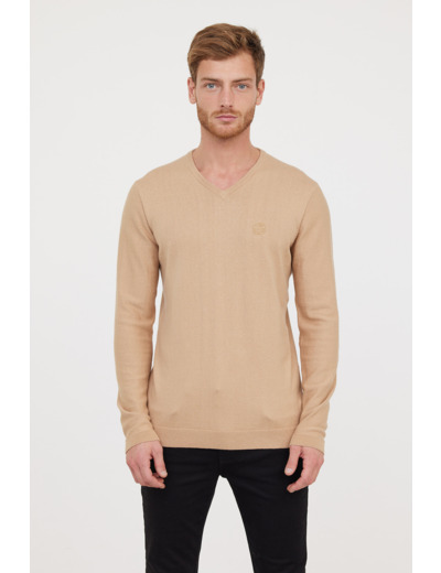 Pull basique col V avec laine recyclée et print poitrine