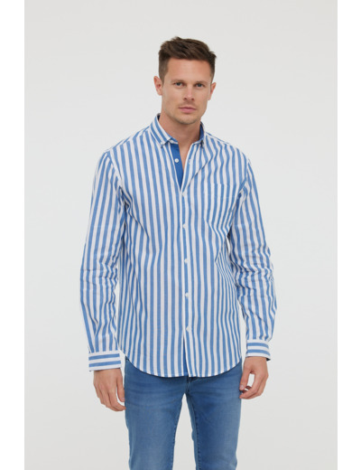 Chemise rayée en coton, manches longues, col boutonné, poche poitrine avec broderie
