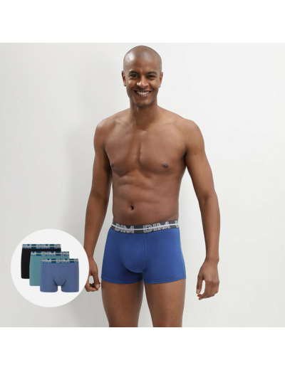 Lot de 3 boxers bleu noir coton stretch ceinture colorée Dim Powerful
