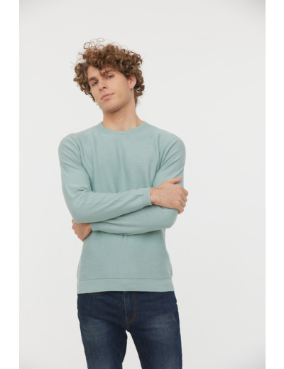 Pull basique col rond maille fantaisie en coton bio avec print poitrine