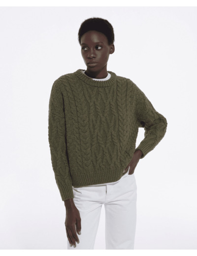 Pull Col Rond En Laine Torsade kaki