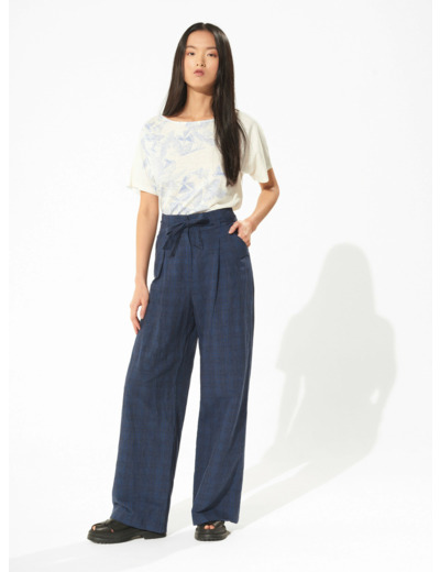 Pantalon large carreaux navy orange