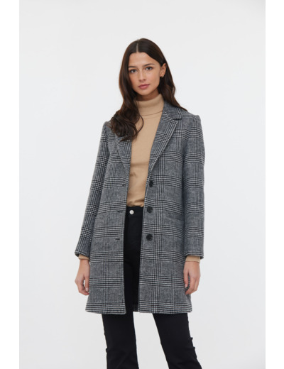 Manteau en prince de galles longueur 3/4 avec 3 boutons