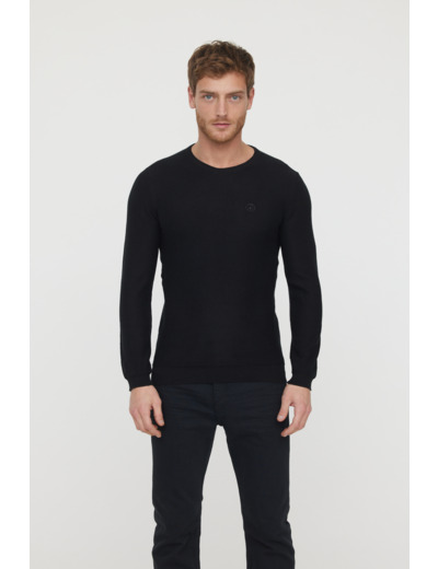 Pull basique col rond maille fantaisie en coton bio avec print poitrine