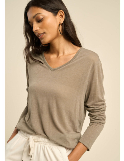 Tee-shirt col V et manches 3/4 en voile de laine