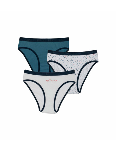 Lot de 3 slips fille en coton stretch à étoiles Blanc Bleu Les Pockets