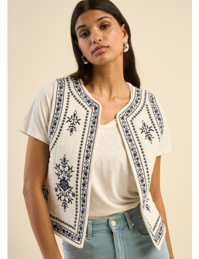 Gilet sans manches brodé en gaze de coton