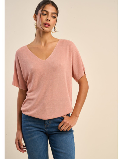 Pull col V manches courtes avec détails fils lurex