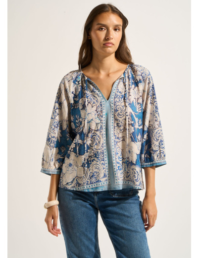 Blouse ample imprimée à manches légèrement bouffantes