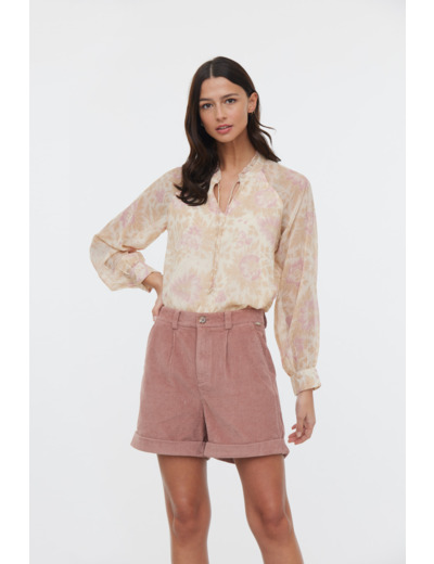 Blouse ample manches bouffantes, col fantaisie avec liens / imprimé tapisserie sur tissu chiffon polyester