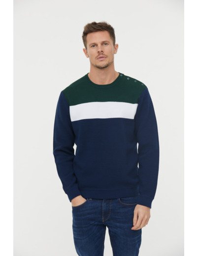 Pull col rond maille fantaisie «color block» avec boutonnage pression épaule