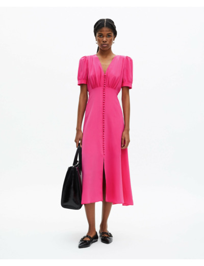 Robe Longue Manche Courte Boutonne Devant fushia