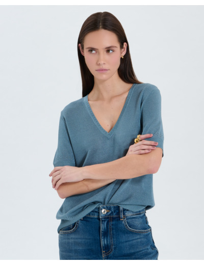 Pull col V bleu