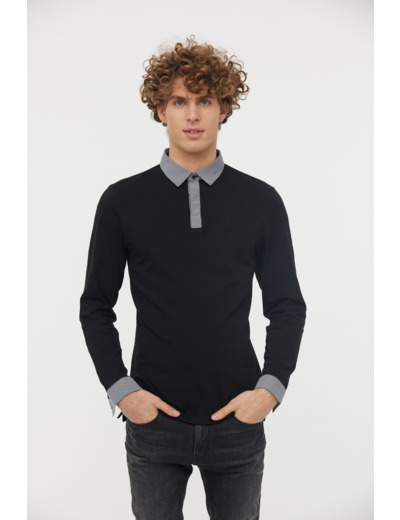 Polo coton jersey épais manches longues avec détails chemise col et poignets en micro carreaux, broderie LC poitrine