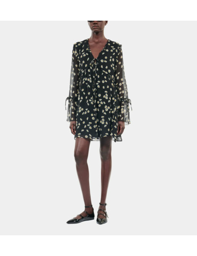 Robe courte avec imprimé fleuri en soie black white