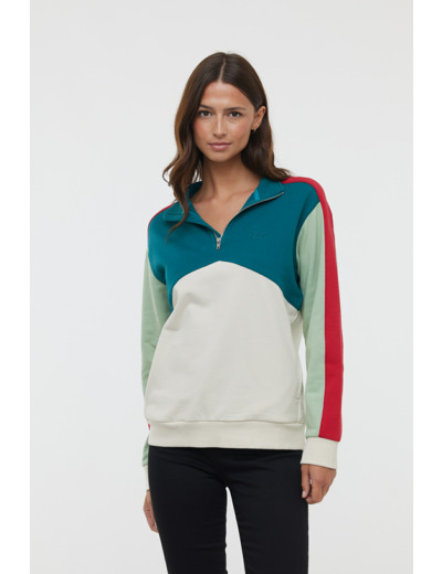 Sweat avec découpes, col montant, demi-ouverture zippée, broderie poitrine, poignet et bas corps avec rib
