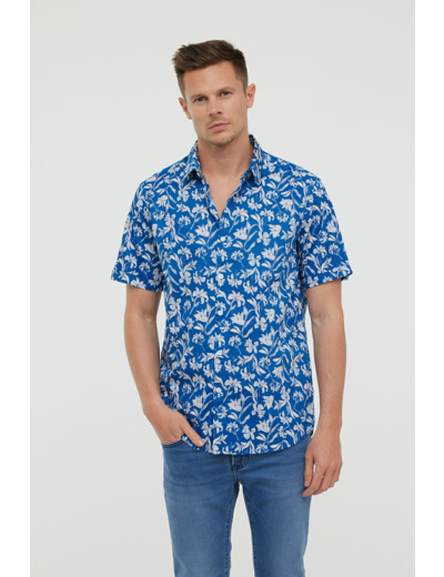 Chemise manches courtes, imprimé fleurs, broderie poitrine