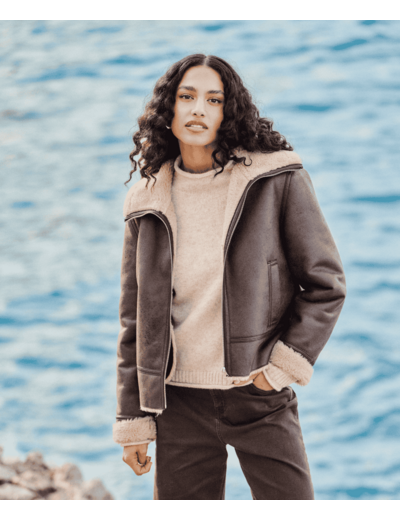Manteau fausse peau lainée avec intérieur fausse fourrure