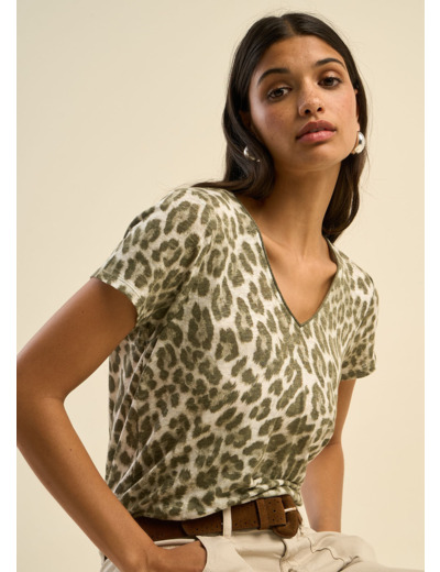 T-shirt col V en lin imprimé léopard