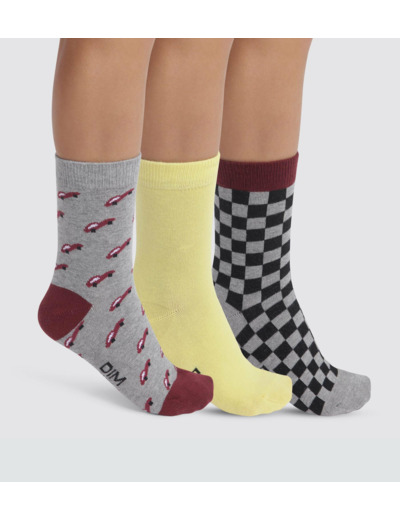 Lot de 3 paires de chaussettes enfant damier Gris Jaune Coton Style