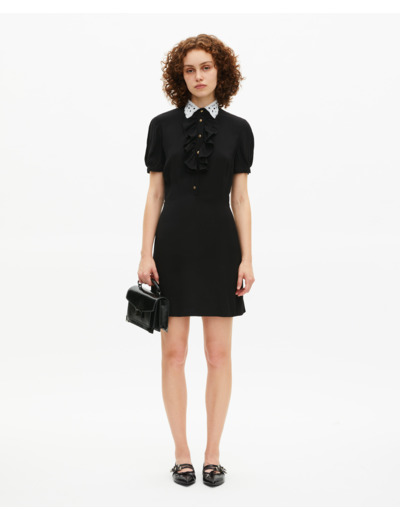 Robe à col brodé contrasté courte noire black
