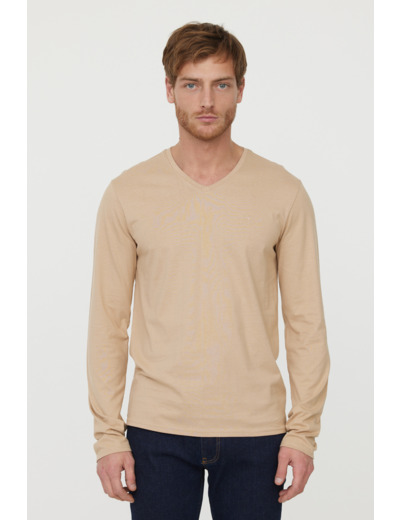 T-shirt basique col V manches longues en coton bio avec print poirtine