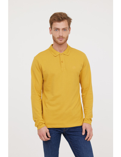 Polo basique manches longues en coton piqué bio, détail col et print poitrine