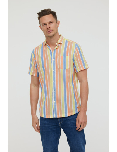 Chemise rayée en coton, manches courtes, avec poche poitrine et broderie bas de chemise