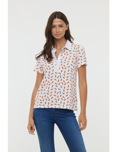 Polo en piqué de coton,  manches courtes, avec imprimé « Oranges », col et patte de boutonnage blanc