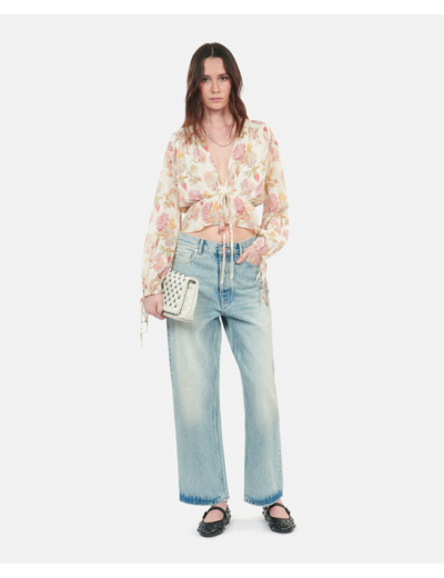 Top Imprimé En Soie Avec Volants beige / red