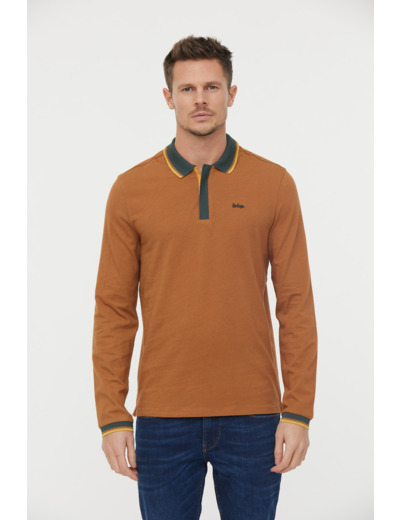 Polo manches longues détails col et poignet zip et broderie poitrine contrastée