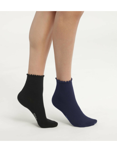 Lot de 2 paires de chaussettes femme à volants Noir Marine Dim Modal