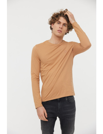 T-shirt basique col rond manches longues en coton bio avec print poirtine