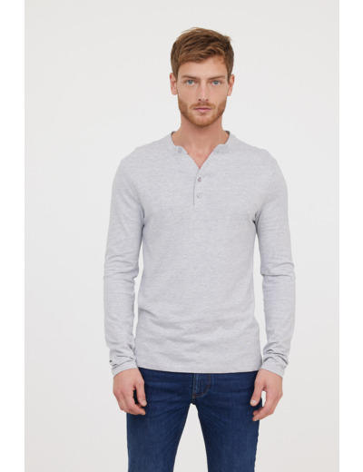 T-shirt Basique col tunisien fantaisie manches longues en coton bio et print poitrine