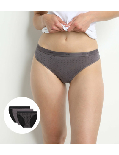 Lot de 3 slips noirs et gris imprimés Femme Les Pockets Coton