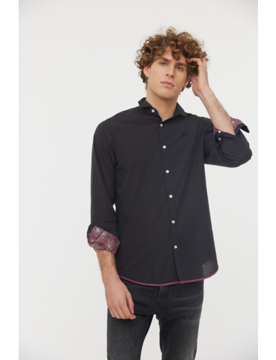Chemise allover micro rayé, broderie poitrine et détails fleur