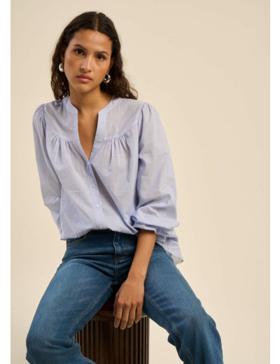 Chemise en coton avec col tunisien et détails froncés