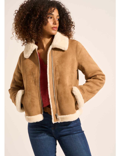 Veste courte en faux suède doublé fausse fourrure