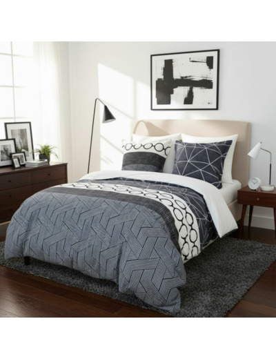 Parure housse de couette coton Florian | Parure imprimée | Blanc des Prés