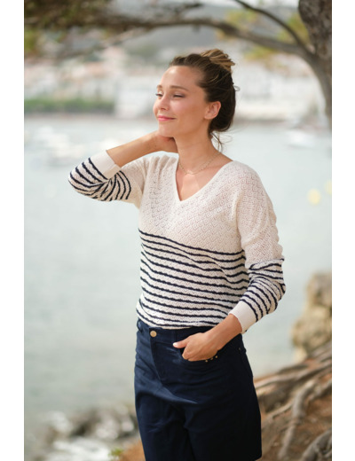 Pull rayé en maille fantaisie ajourée Octavie