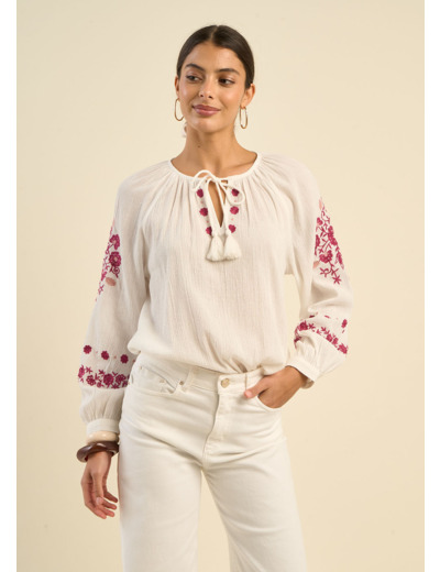Blouse brodée ample en gaze de coton
