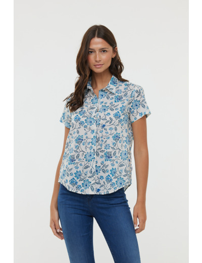 Chemise imprimée fleur, manches courtes en voile de coton