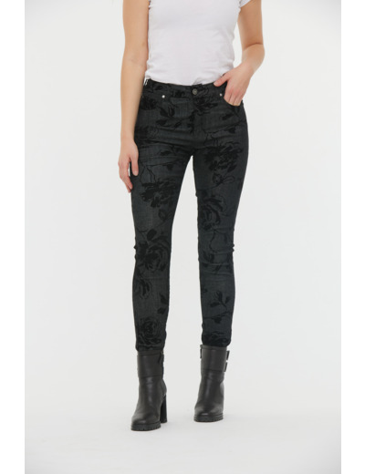 Denim floc velours fleurs slim fit, jambes ajustées, taille medium haute