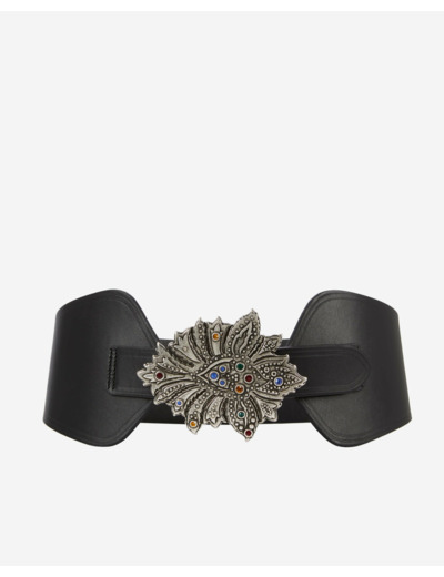 Ceinture Large En Cuir Noir Avec Boucle Fleur black