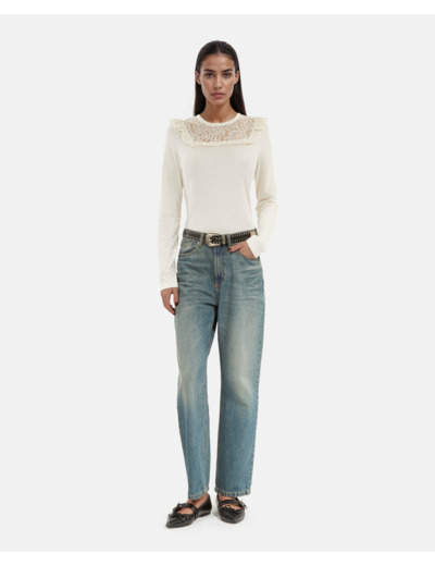 Tee-Shirt A Manches Longues Empiecement Dentelle white