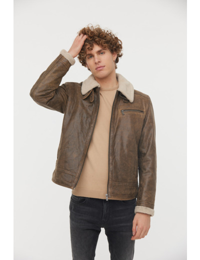 Blouson aviateur en cuir avec sherpa