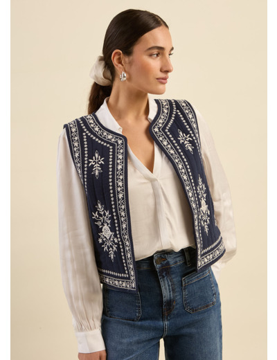 Gilet sans manches brodé en gaze de coton